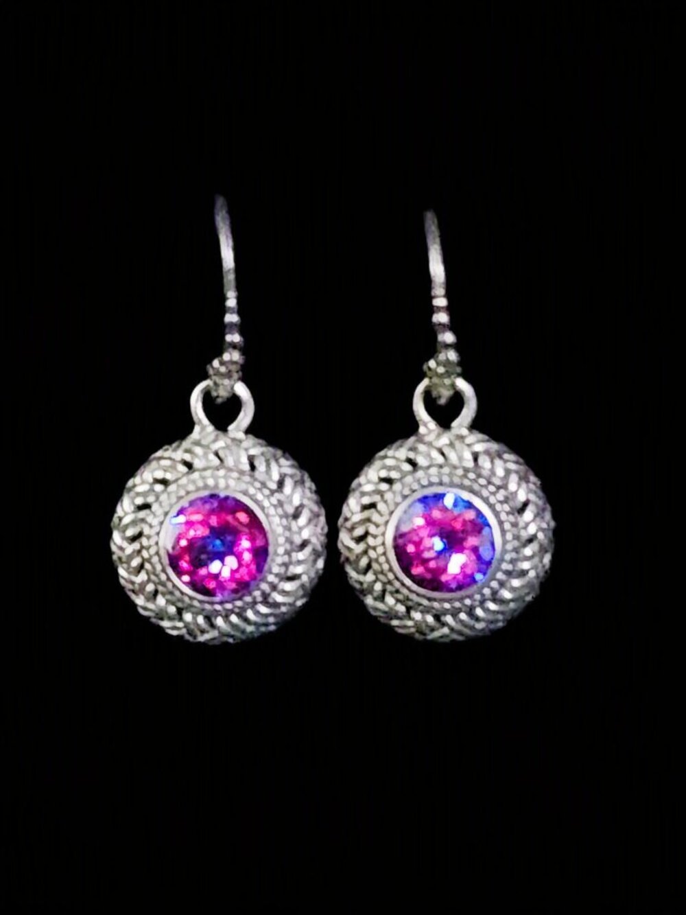 Vintage 90s SARDA Sterling Silver Pink Tourmaline Bali Drop Earrings 10.9 grams